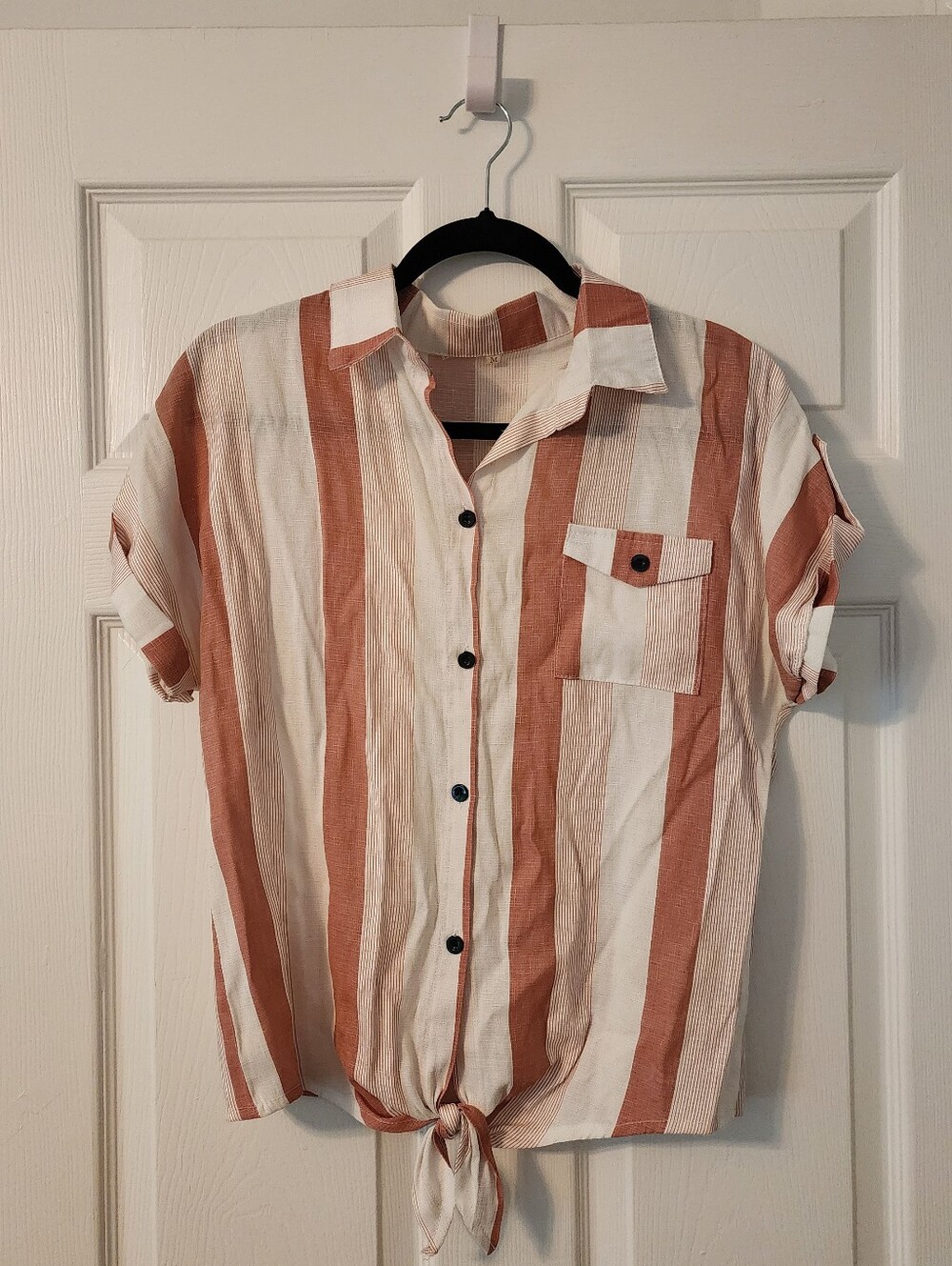Pink Striped Tie-Hem Short Sleeve Shirt.